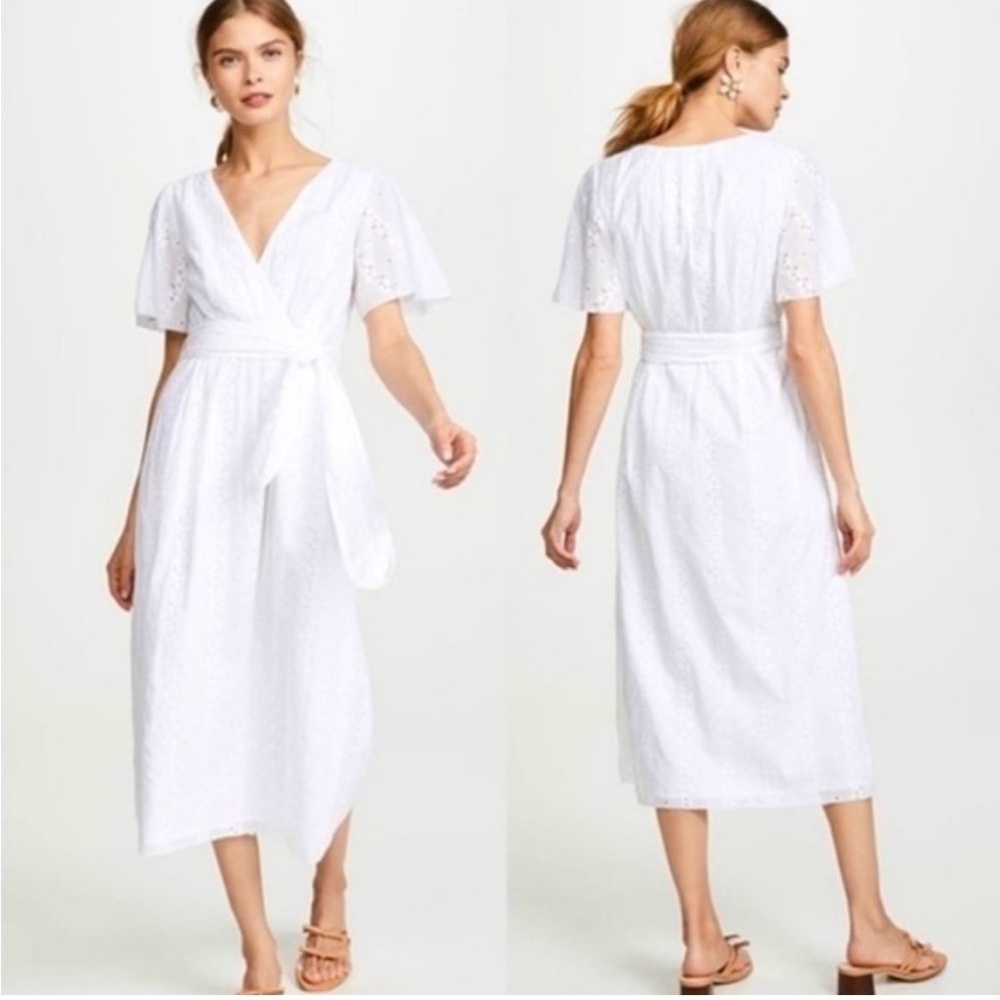 NWT Joie White Eyelet Lace Short Sleeve Belted Faux Wrap Boho Midi Dress Size 4